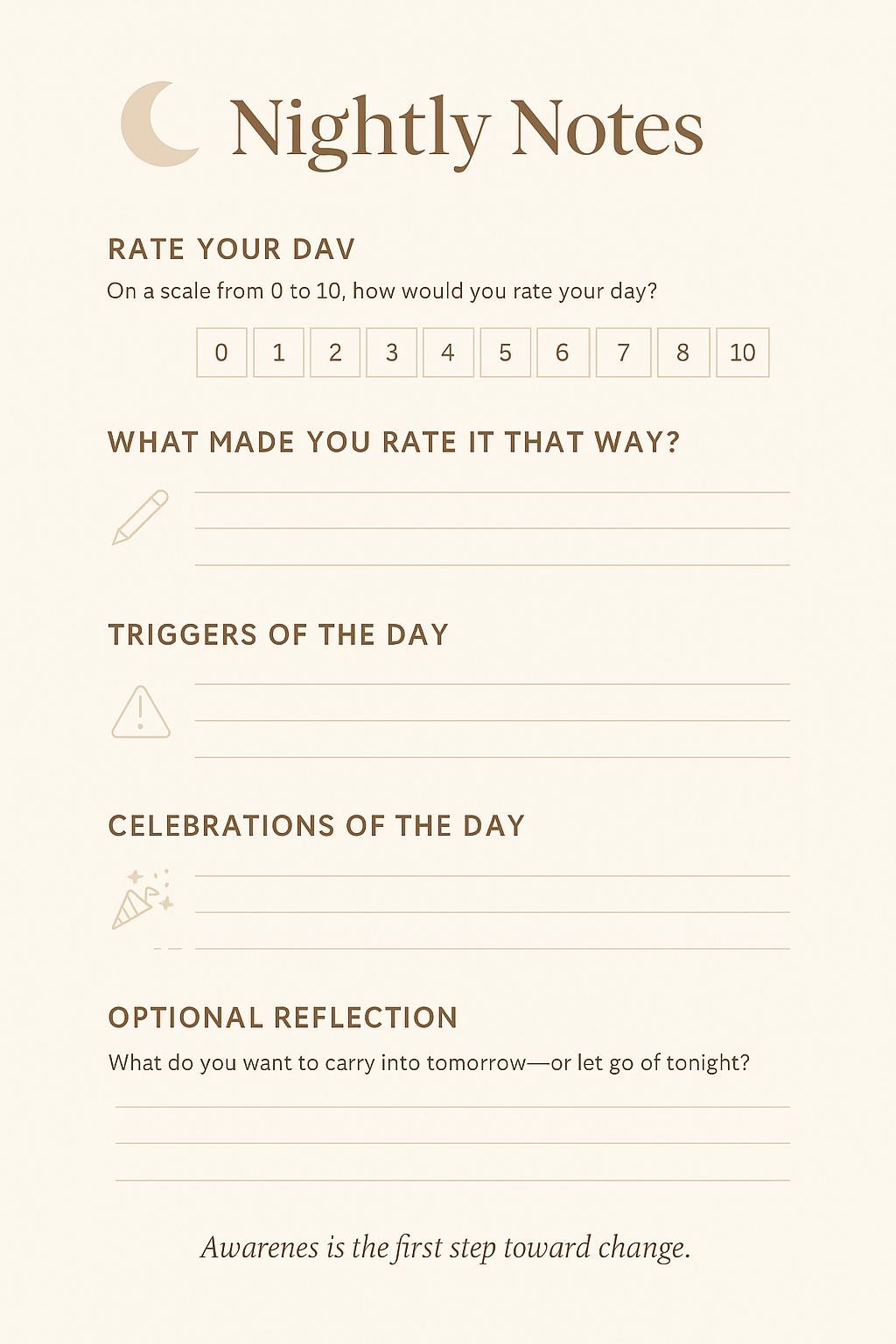 Nightly Notes for Simple Journaling. Great to use with your therapist! Teen friendly.