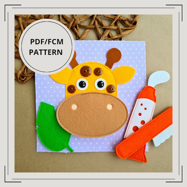 Quiet Book Pattern PDF, GIRAFFE brushing the teeth page pattern PDF & Tutorial,Felt activity book pattern