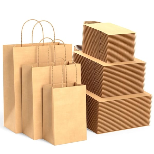BAGKRAFT Brown Paper Bags with Handles Mixed Size | 100% Recyclable Kraft Paper (30)