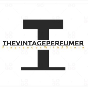May include: Black and white logo for "THEVINTAGEPERFUMER" with a stylized "I" shape. The text "THEVINTAGEPERFUMER" is in a bold, sans-serif font, with "Fragrances With A Story" in a smaller, serif font below.
