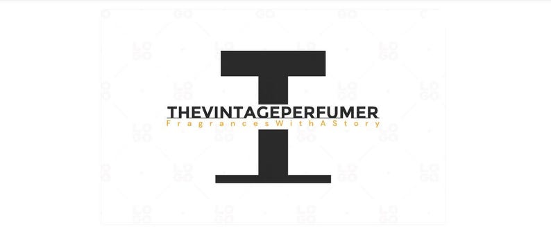 May include: Black and white logo for "THEVINTAGEPERFUMER" with a stylized "I" shape. The text "THEVINTAGEPERFUMER" is in a bold, sans-serif font, with "Fragrances With A Story" in a smaller, serif font below.