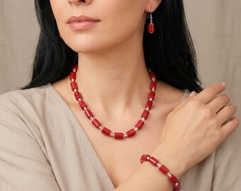 Apple Coral Jewelry Set: Necklace, Bracelet & Earrings in Sterling Silver, Gift for Mom