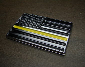 Amerikanische TAKTISCHE Flagge Dünne GELBE (Gold) Linie Dispatcher Call Taker ABS Kunststoff Chrom Silber Finish 3D Emblem Aufkleber Für Autos