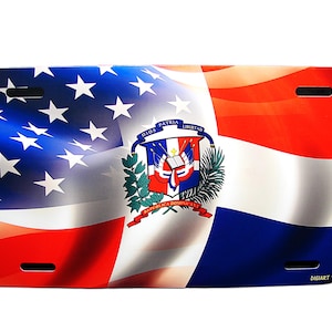 DOMINICAN REPUBLIC American Flag Waving FLAG Metal Car Novelty License Plate Auto Tag.