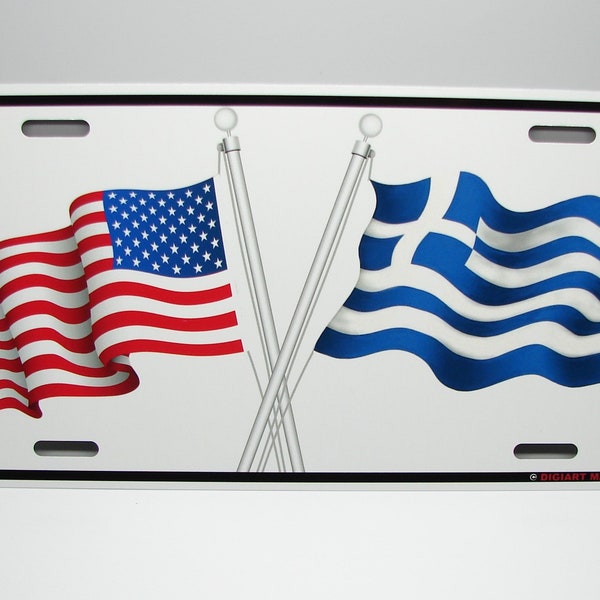 GREEK GREECE HELLAS Flag American Flag Metal Car Novelty License Plate Auto Tag