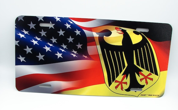 GERMAN, GERMANY AMERICAN Flag Metal Car Novelty License Plate Auto Tag.  Deutschlandfahne, Bundesflagge. 