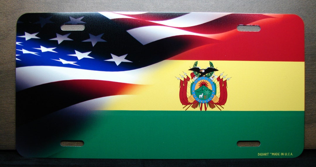 BOLIVIA, BOLIVIAN FLAG and American Flag Metal Car Novelty License