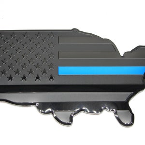 Thin Blue Line Police Law Enforcement AMERICAN TACTICAL FLAG Map Aluminum Black 3D Large Car Emblem Decal Sticker approx. 7&quot; x 4&quot;