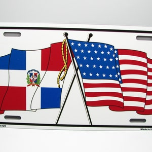 DOMINICAN REPUBLIC American Flag Waving FLAG Metal Car Novelty License Plate Auto Tag.