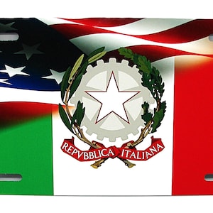 ITALY ITALIAN ITALIA Flag With Coat Of Arms American Flag Metal Car Novelty License Plate Auto Tag
