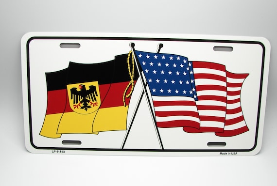 GERMAN, GERMANY AMERICAN Flag Metal Car License Plate Auto Tag.  Deutschlandfahne, Bundesflagge. 