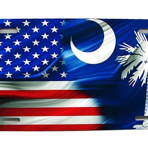 South CAROLINA STATE FLAG And American Waving Flag Metal Car Novelty License Plate Auto Tag