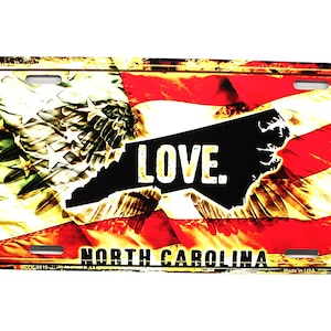 NORTH CAROLINA STATE Love American Flag Metal Car Novelty License Plate Auto Tag