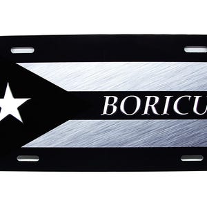 Boricua PUERTO RICO FLAG Metal Car Novelty License Plate Auto Tag. Puerto Rican Flag Car License Plate. Black And Brushed Silver Look.