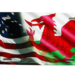 WALES AMERICAN Waving FLAG Welsh Dragon Welsh American Flag Metal Car Novelty License Plate Auto Tag