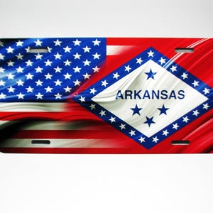 ARKANSAS STATE FLAG And American Waving Flag Metal Car Novelty License Plate Auto Tag