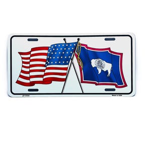 WYOMING STATE FLAG And American Waving Flag Metal Car Novelty License Plate Auto Tag