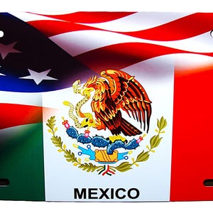 Placa de matrícula de metal para automóvil con bandera MEXICANA ondeante, placa de matrícula para automóvil con bandera AMERICANA. Placa de matrícula para automóvil con bandera de México Bandera MEXICANA
