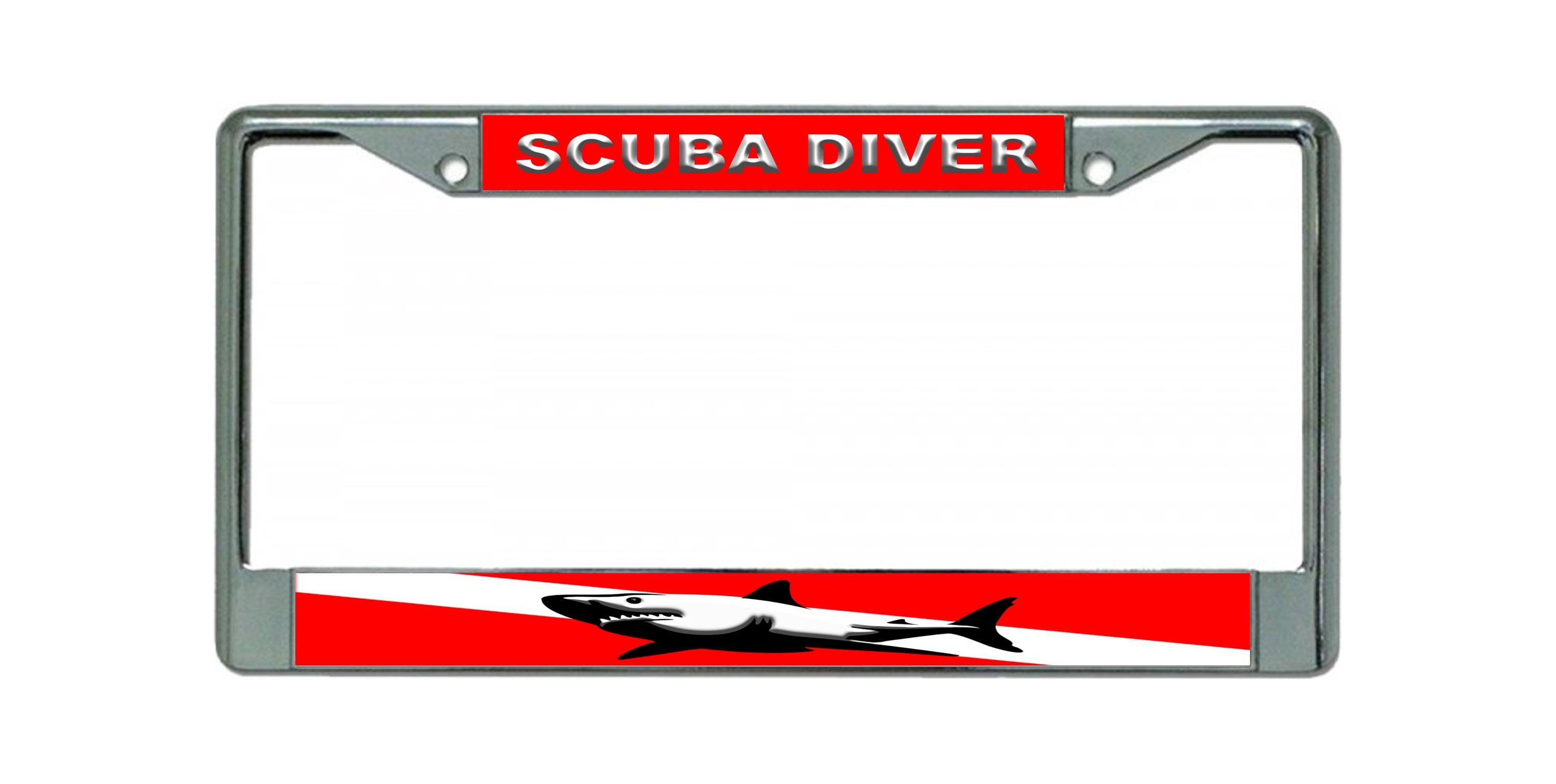 Scuba Diver Dive Flag Shark Chrome Metal Car License Plate Frame