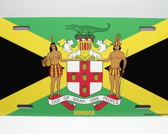 JAMAICA Flag Coat Of Arms Metal Car Novelty License Plate Auto tag. JAMAICAN FLAG Car License Plate