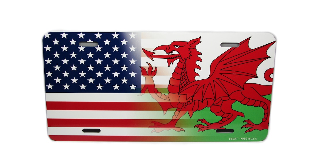 WALES AMERICAN FLAG Welsh Dragon Welsh American Flag Metal Car Novelty