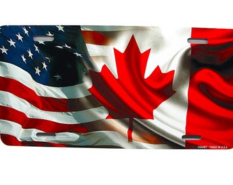 CANADA, CANADIAN AMERICAN Flag Metal Car Novelty License Plate Auto Tag