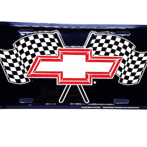 Officially Licensed CHEVY, Chevrolet Bowtie Checker Flags emblem 3D EMBOSSED Metal Car NOVELTY License Plate Auto tag