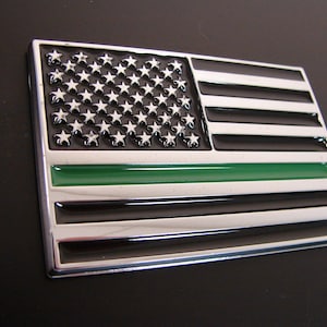 American TACTICAL Flag Thin GREEN Line, Federal Agents, Military, Rangers ABS Plastic Chrome Silver Finish 3D Emblem Sticker Decal For Cars