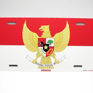INDONESIAN, INDONESIA FLAG With Coat of Arms Metal Car Novelty License Plate Auto tag