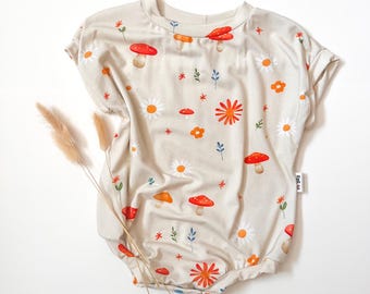 Cozy Tee Romper – Mushroom Daisies 6-9m - Summer Romper for Baby or Toddler, Handmade Clothing, Cotton Jumpsuit for Summer Childrens Clothes
