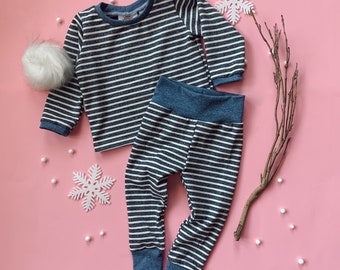 READY TO SHIP 6-9M Denim Blue Children's Lounge Set | Stripe Leggings and Crew Shirt for Kids & Baby | Cotton Two Piece Outfit for Baby Boy