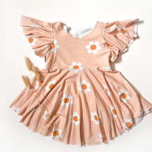 Twirl Dress – Peach Daisies 9-12m - Baby Girls Summer Dress, Handmade in Canada, Bamboo Childrens Clothing, Floral Daisy Dress, Infant