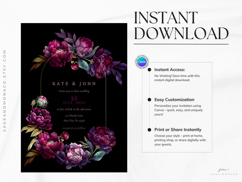 Dark Moody Botanical Wedding Invitation Template, Moody Romance Wedding Invite, Dark Fairy Tale ...