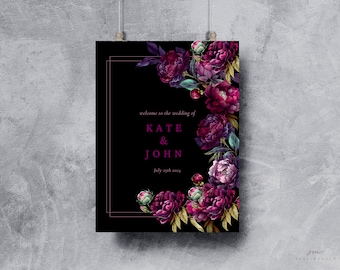 Gothic Floral Welcome Sign, Dark Moody Wedding Decor (Digital Template)