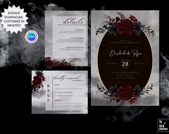 Dark & Moody Wedding Suite, Alternative Wedding, Goth Invite, Dark Elegant Floral, Halloween Wedding, Instant Download, Printable