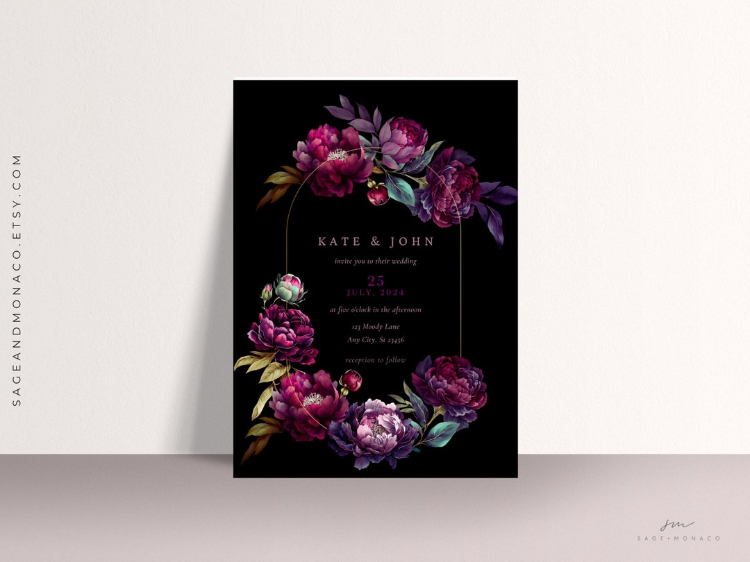 Dark Moody Botanical Wedding Invitation Template, Moody Romance Wedding ...