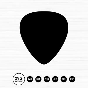 May include: A black guitar plectrum with a rounded triangular form. The pick is set against a white wood-grain backdrop. Beneath the pick are the words "SVG AWESOME" in a circle, plus file type icons.