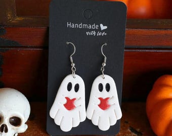 Orecchini fantasma con cuore rosso – Gioielli di Halloween – Ciondoli fantasma bianchi carini e spettrali – Orecchini divertenti per le feste di Halloween