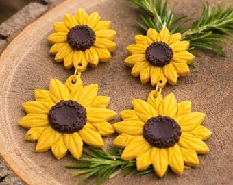 Orecchini a girasole, gioielli floreali in argilla polimerica gialla, pendenti fatti a mano, regalo estivo boho per lei, graziosi orecchini floreali, gioielli ispirati alla natura.