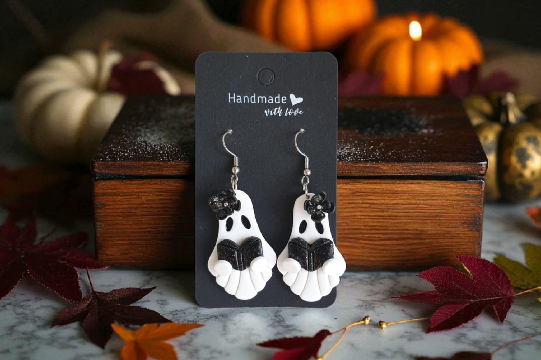 CENWA Ghost Drop Earrings - Halloween Jewelry, Black & White Ghost Dangle Earrings For Women