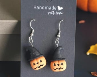Pumpkin Witch Hat Earrings – Cute Halloween Earrings – Fall Jewelry – Polymer Clay Dangles – Autumn Gift – Lightweight Nickel Free