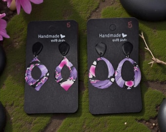 Purple Teardrop Earrings – Floral Polymer Clay Jewelry, Lightweight Dangle Earrings, Boho Style Gift, For Women.