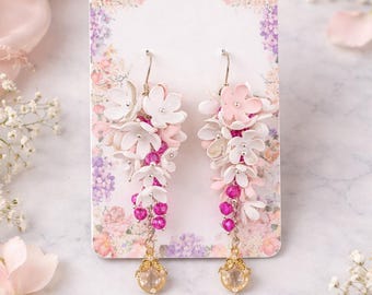 Orecchini romantici a forma di fiore rosa, orecchini pendenti floreali, gocce di cristallo dorato, gioielli da sposa, orecchini femminili di tendenza, regalo per lei