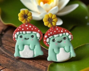 Orecchini a forma di rana e fungo fatti a mano: orecchini a bottone a forma di girasole in argilla polimerica Cottagecore