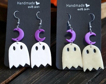 Pendientes de fantasma que brillan en la oscuridad: Luna creciente morada, joyas espeluznantes para Halloween