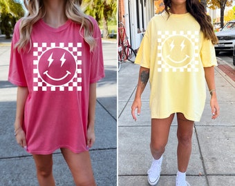 Smile Shirt, Checkered Retro Happy, Lightning Bolt,Comfort Colors Shirt,  Preppy VSCO Aesthetic Trendy Oversized Graphic Tees Preppy Clothes