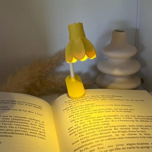 Peut inclure: Une lampe de lecture LED jaune en forme de fleur éclaire un livre ouvert. La lampe a une tige flexible et une base, et est placée sur les pages du livre. Un vase décoratif est en arrière-plan. Le livre est ouvert.