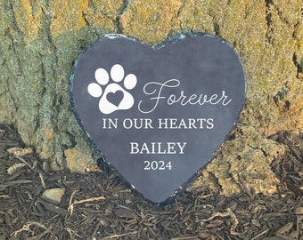 May include: Black heart-shaped stone memorial with a white paw print and heart design. The text reads "Forever in our hearts Bailey 2024".