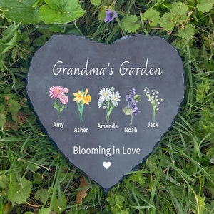 Grandma Garden Stone Decor with Names, Personalized Mothers Day Gifts for Grandma with Grandkid&#39;s Birth Flower Month Gift Heart Shape SD-204