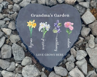 Personalized Garden Stone, Mothers Day Gifts for Grandma with Grandkid's Birth Flower Gift, Heart Shape - 6 inch